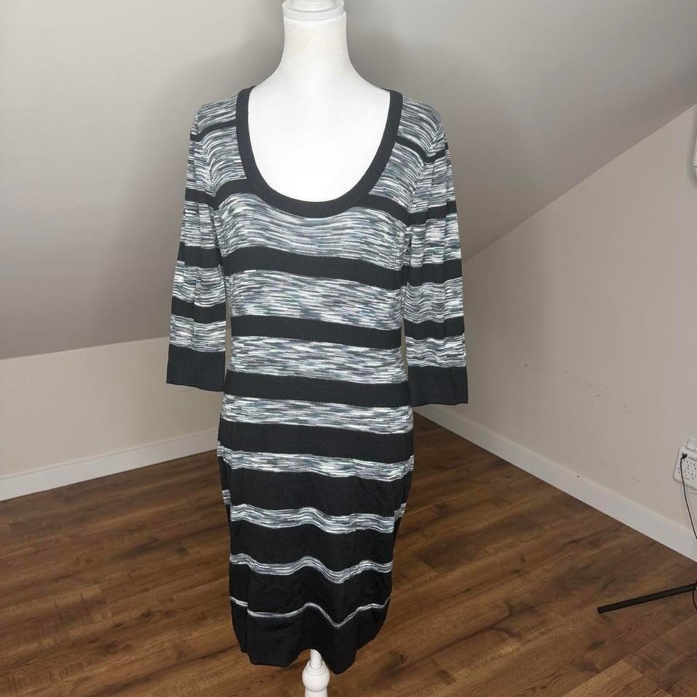 Calvin Klein Striped Knit Midi Sweater Dress Size S Black Gray 3/4 Sleeve